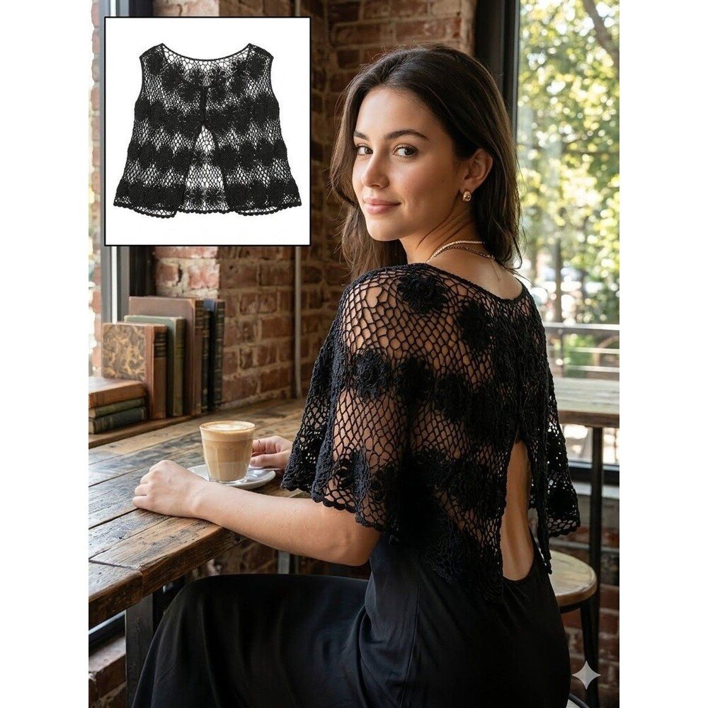 AMAZING Black Crocheted Cape Capelet Wrap Goth Vintage Old Money Open Knit